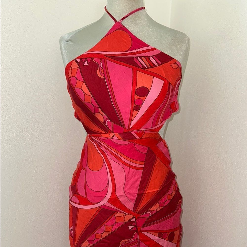 Yllw Yellow pink Pucci style midi halter dress small s print back zip tie back